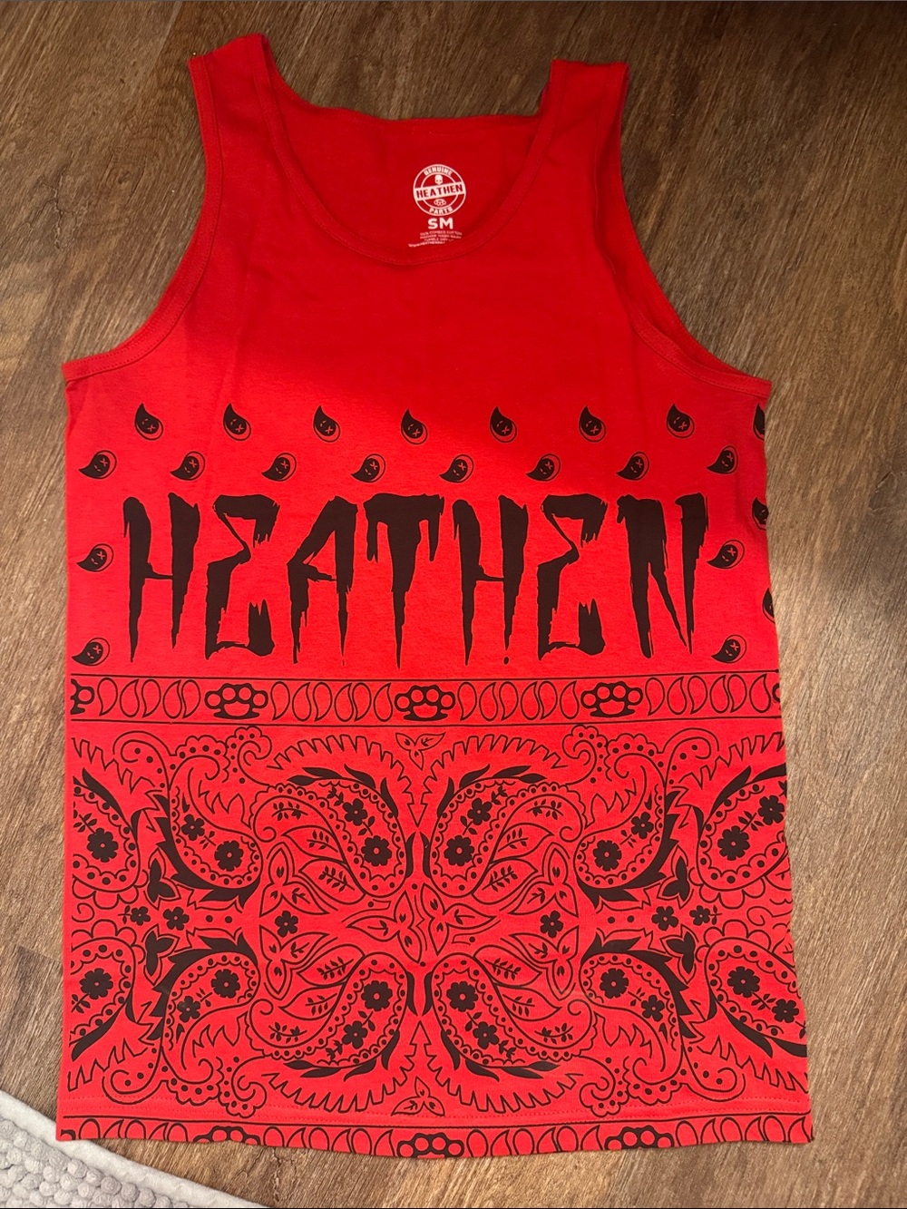 Heathen Red Graphic Tank Top with Black Bandana Print